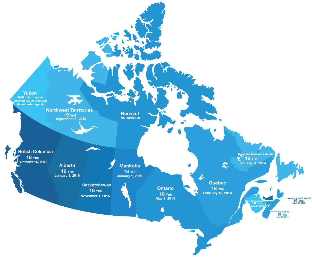 Map of tanning bed ban by province and territory across Canada